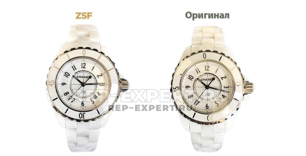 Сравнение оригинала часов Chanel J12 в белом керамическом корпусе с моделью от мануфактуры ZSF Сравнение оригинала часов Chanel J12 в белом керамическом корпусе с моделью от мануфактуры ZSF